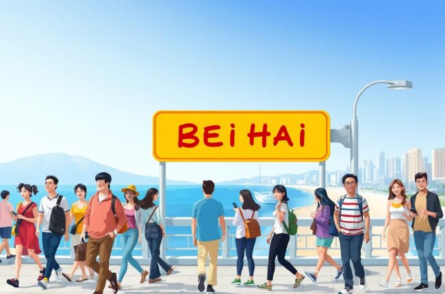 Foreigners walking near Silver Beach landmark in Beihai for local WeChat groups.