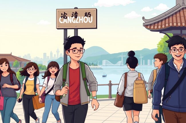 Foreigners walking near Longxiang Lake in Cangzhou for WeChat groups
