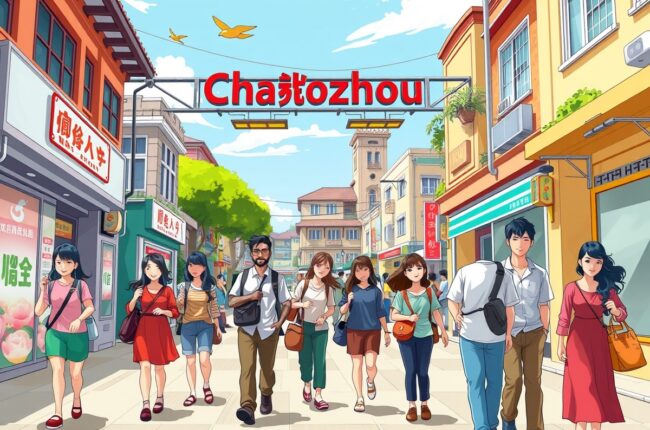 Foreigners walking near a landmark in Chaozhou, Guangdong, joining local WeChat groups.