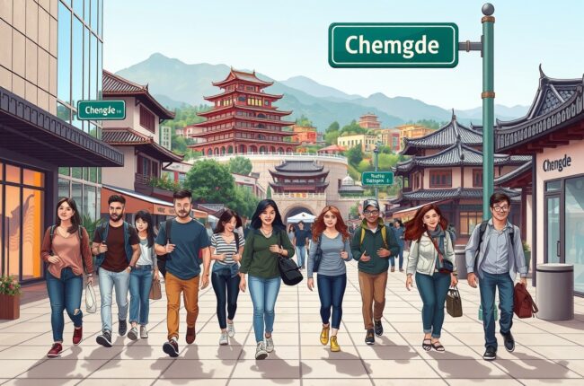 Foreigners walking in Chengde's historic Summer Mountain Resort.