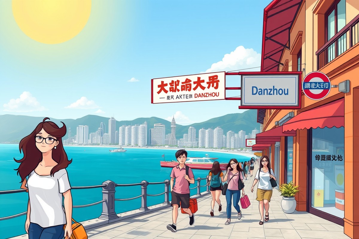 Expats walking near a coastal landmark in Danzhou, Hainan, to join local WeChat groups.