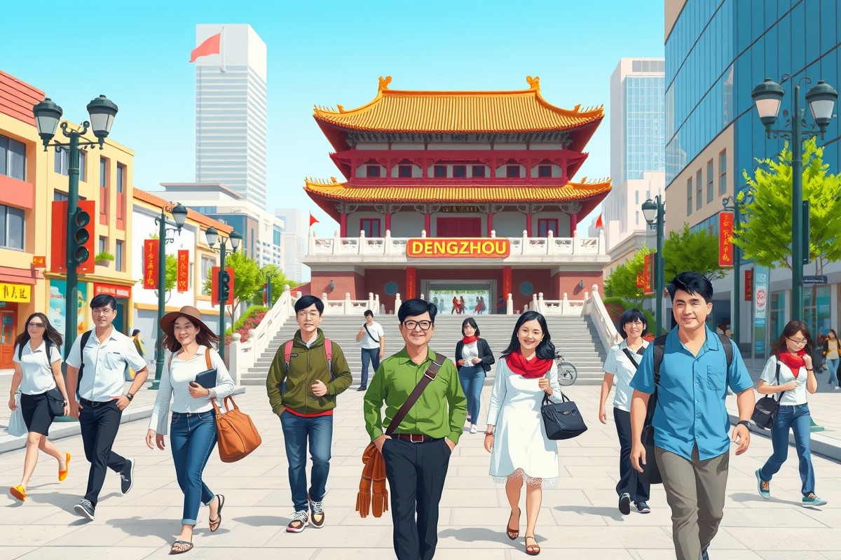 Foreigners walking near Guan Yin Temple in Dengzhou for WeChat groups