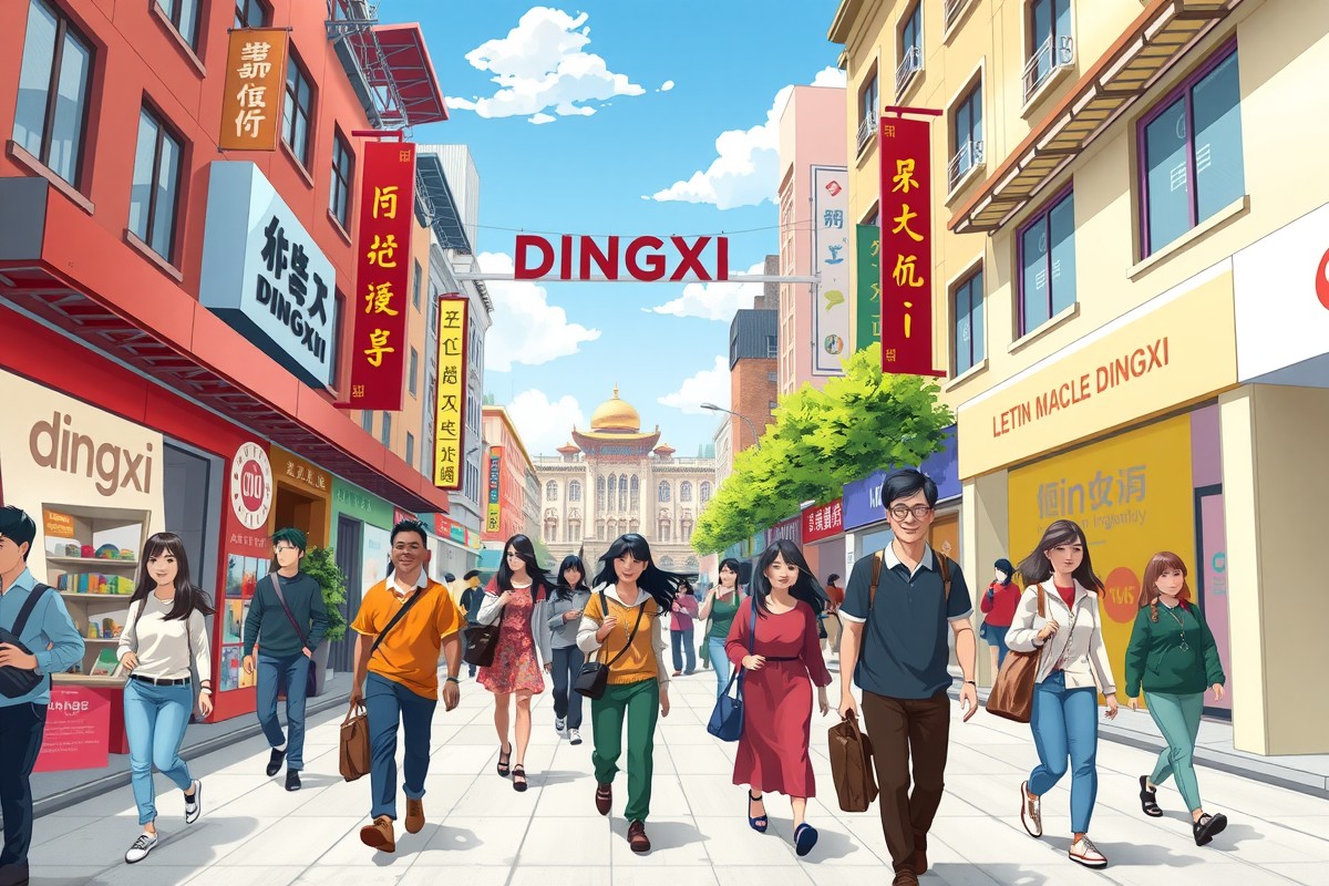 Foreigners walking in Dingxi city center near a local landmark for WeChat group community.