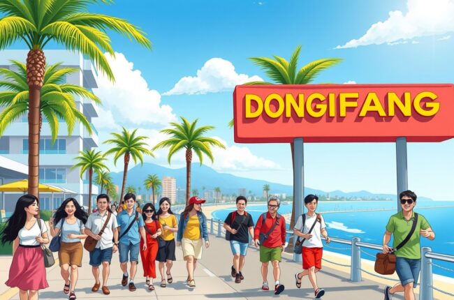Foreigners walking near a landmark in Dongfang 东方市, Hainan, joining local WeChat groups.