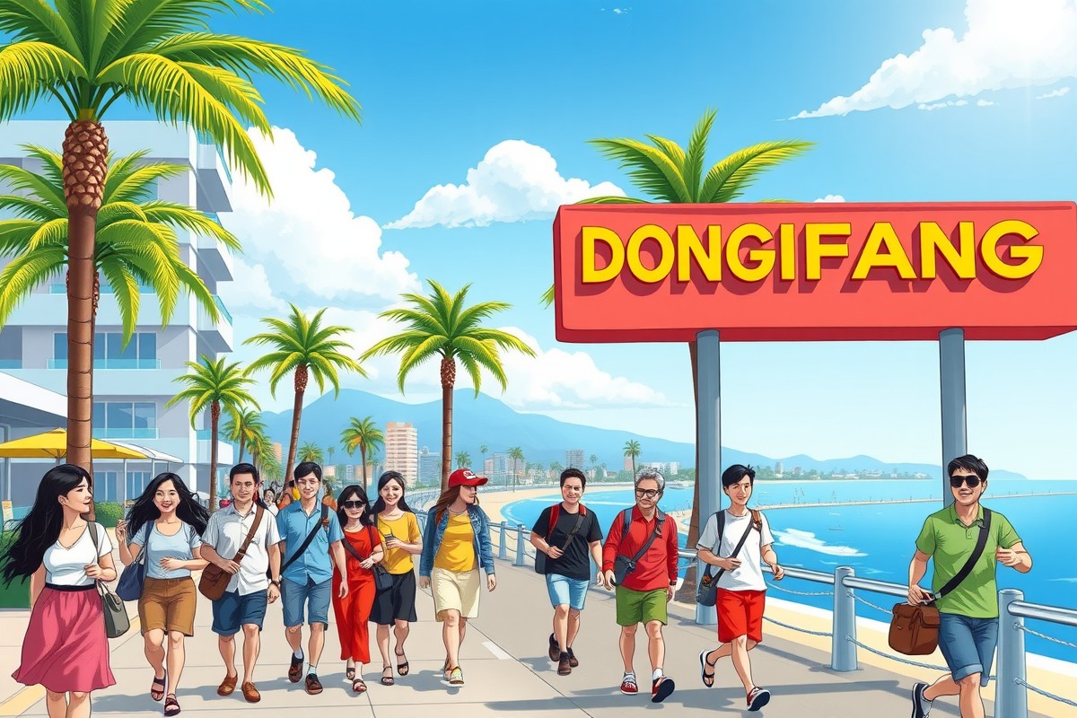 Foreigners walking near a landmark in Dongfang 东方市, Hainan, joining local WeChat groups.