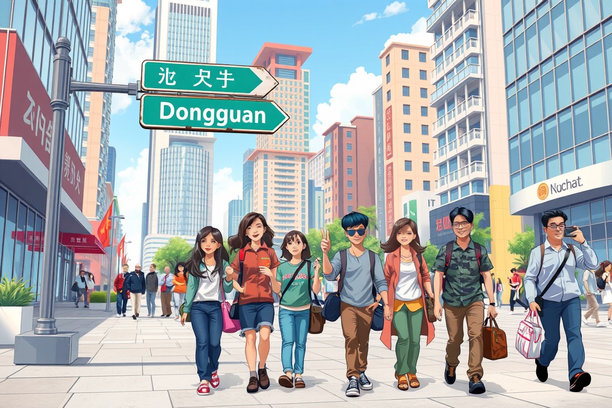 Foreigners walking in Dongguan city center near the Dongguan Tower.