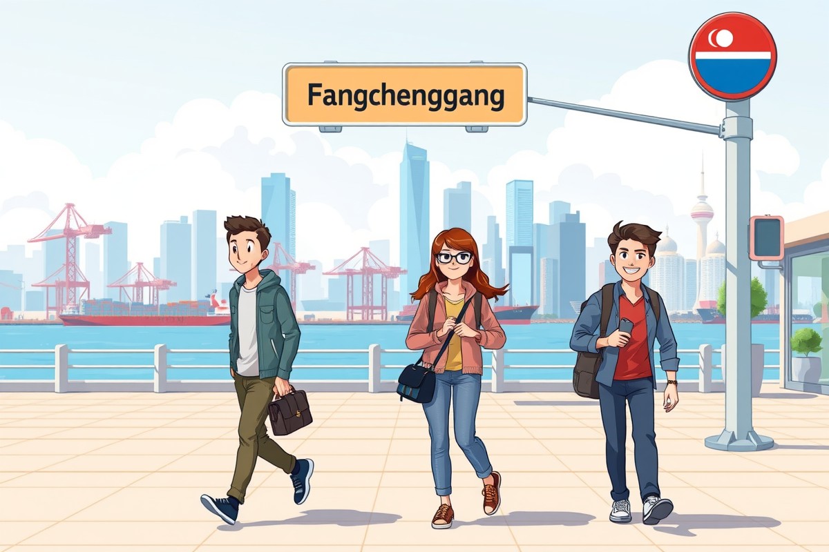 Foreigners walking near Fangchenggang Port landmark for local WeChat groups.