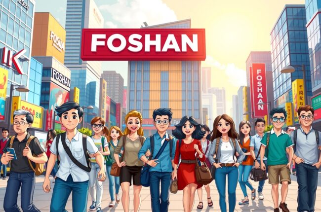 Foreigners walking near a landmark in Foshan 佛山市, Guangdong 广东 for WeChat groups.