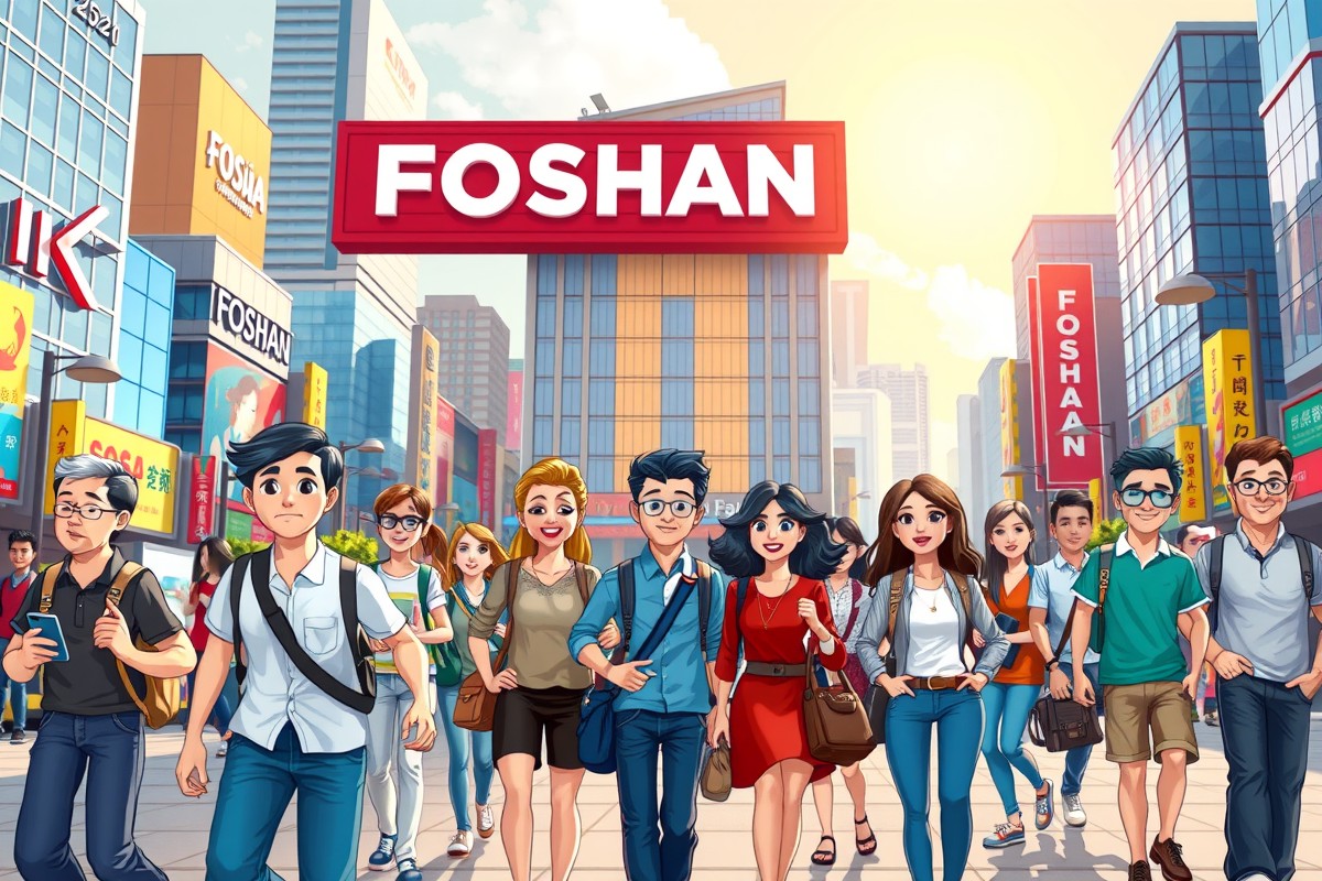 Foreigners walking near a landmark in Foshan 佛山市, Guangdong 广东 for WeChat groups.