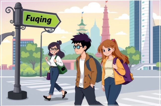 Foreigners walking near Qishan Park landmark in Fuqing for local WeChat groups.