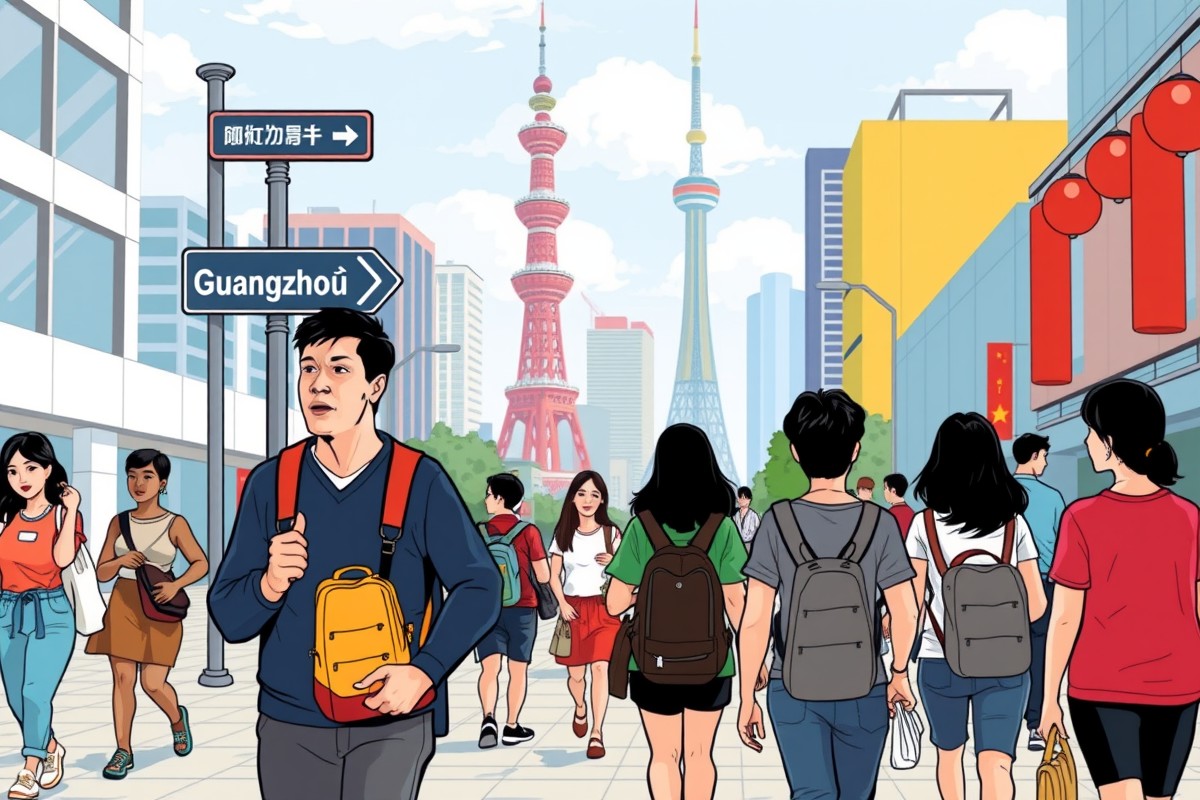 Foreigners walking near Canton Tower landmark for Guangzhou WeChat groups.