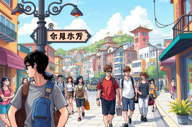 Foreigners walking in Guigang city near the Guigang Square landmark.