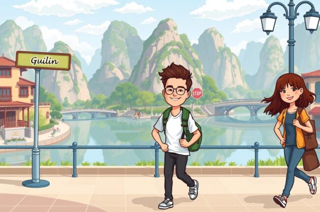 Foreigners walking near Two Rivers and Four Lakes landmark in Guilin for WeChat groups.