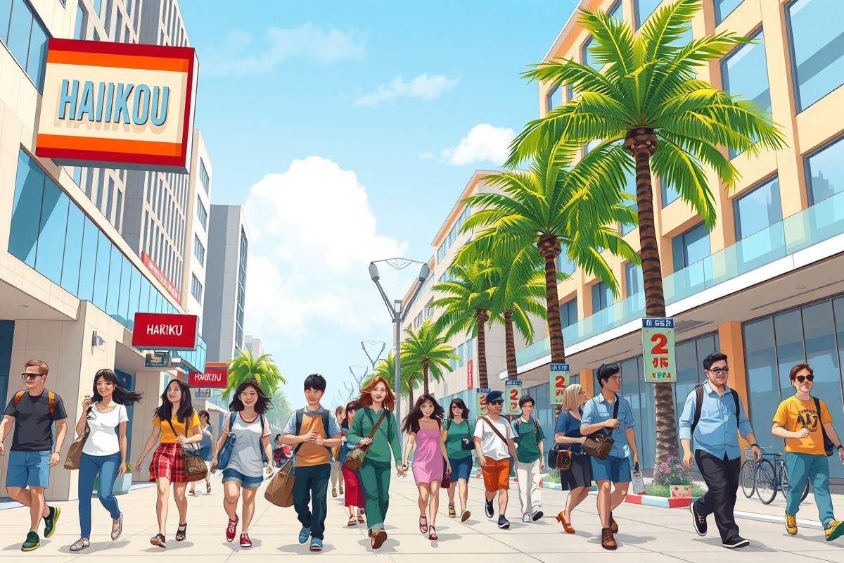 Expats walking near a landmark in Haikou, Hainan, to join local WeChat groups.