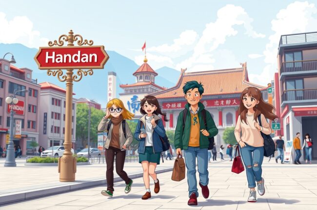 Foreigners walking near Handan landmark for WeChat groups
