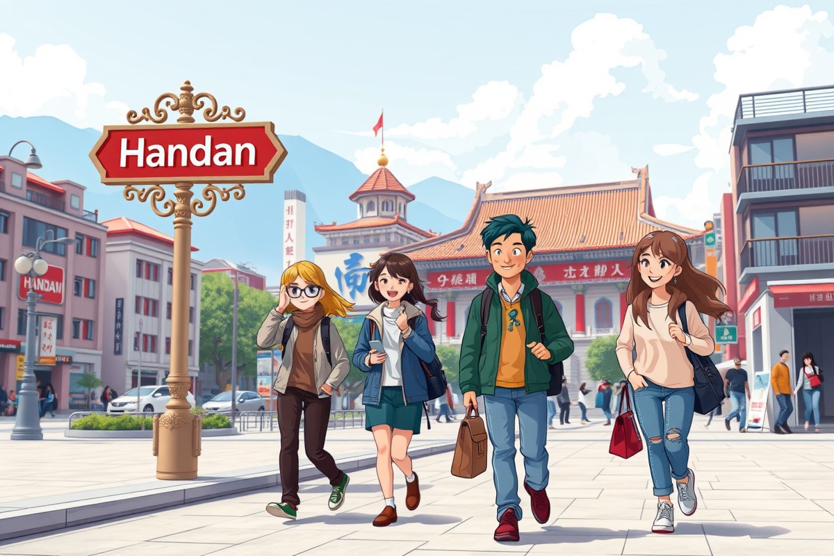 Foreigners walking near Handan landmark for WeChat groups