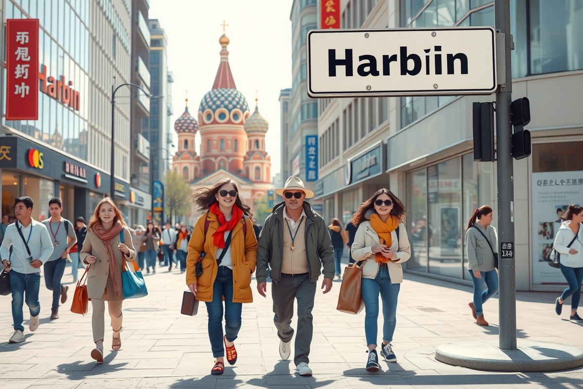 Foreigners walking in Harbin's central district, near the iconic St. Sophia's Cathedral.