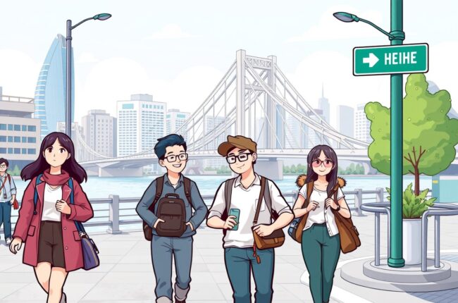 Foreigners walking near the Amur River bridge in Heihe for local WeChat groups.