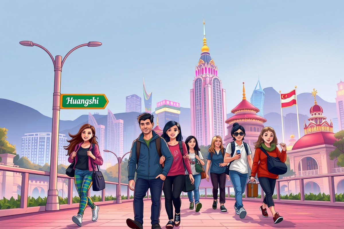 Foreigners walking in Huangshi city near the Yellow Stone Port landmark.