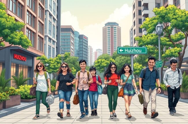 Foreigners walking in Huizhou, near Bitang Mountain.