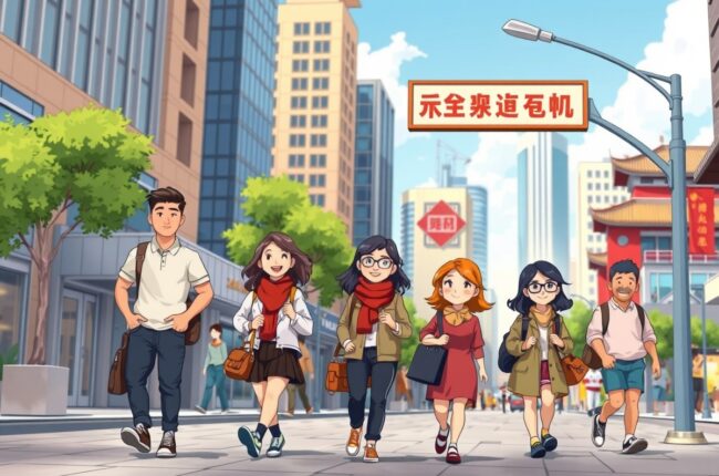 Foreigners walking in Jiaozuo 焦作市, Henan 河南, near a landmark, for WeChat groups.