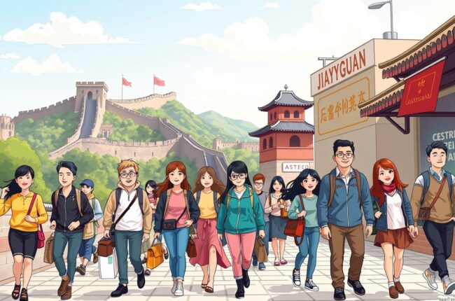Foreigners walking near the Jiayuguan Great Wall section to join local WeChat groups.