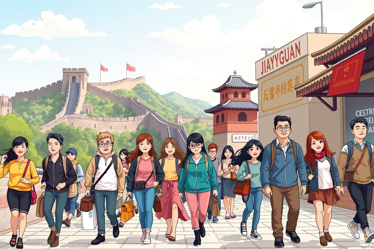 Foreigners walking near the Jiayuguan Great Wall section to join local WeChat groups.