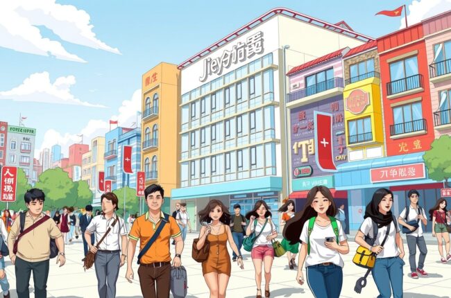 Foreigners walking near a landmark in Jieyang, Guangdong, for local WeChat groups.