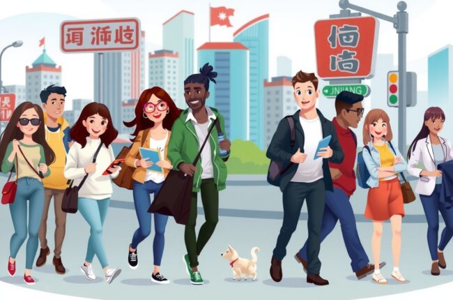 Foreigners walking near Jinjiang landmarks, representing the local expat community and WeChat groups.