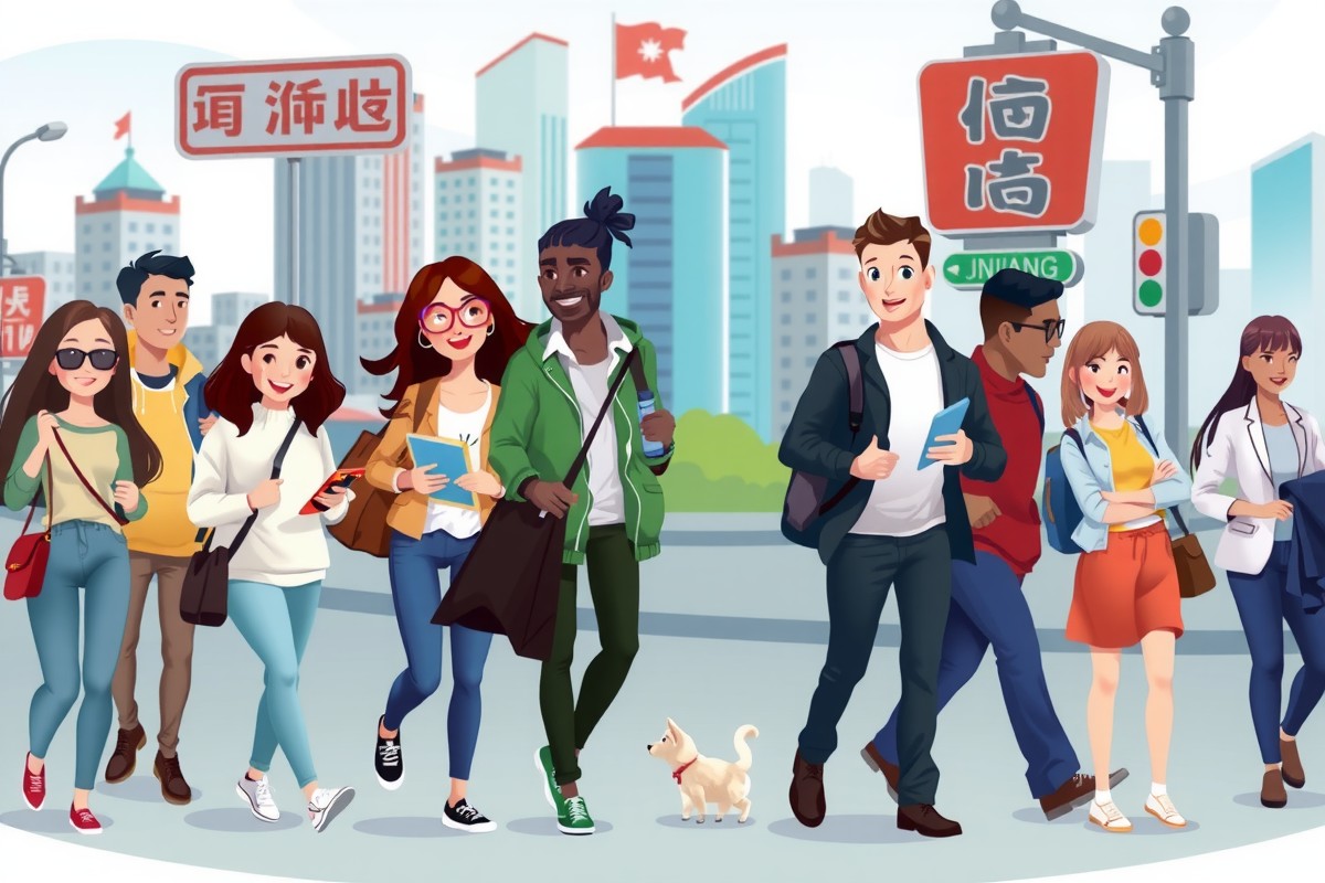 Foreigners walking near Jinjiang landmarks, representing the local expat community and WeChat groups.