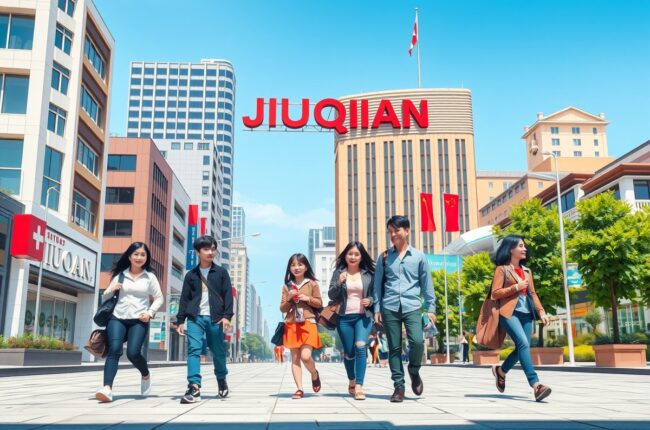 Foreigners walking near a landmark in Jiuquan for the local WeChat groups.