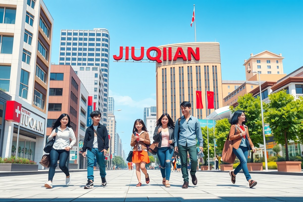 Foreigners walking near a landmark in Jiuquan for the local WeChat groups.