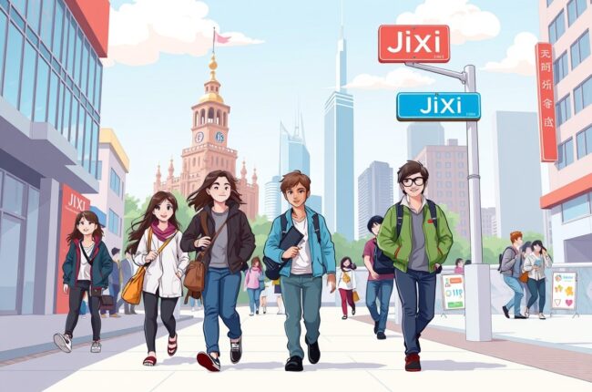 Foreigners walking near a landmark in Jixi city center, representing the local expat community and WeChat groups.