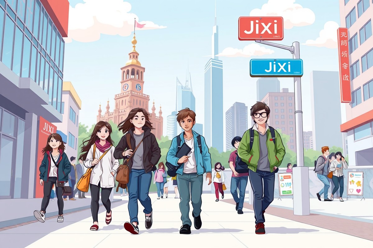 Foreigners walking near a landmark in Jixi city center, representing the local expat community and WeChat groups.