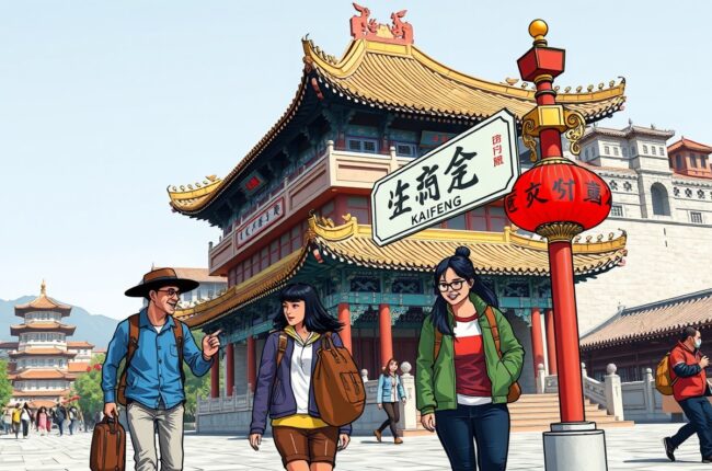 Foreigners walking near Dragon Pavilion landmark in Kaifeng for local WeChat groups.