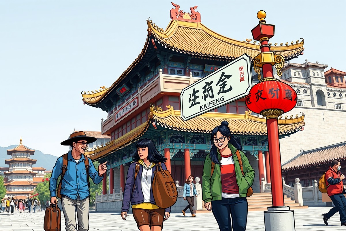 Foreigners walking near Dragon Pavilion landmark in Kaifeng for local WeChat groups.