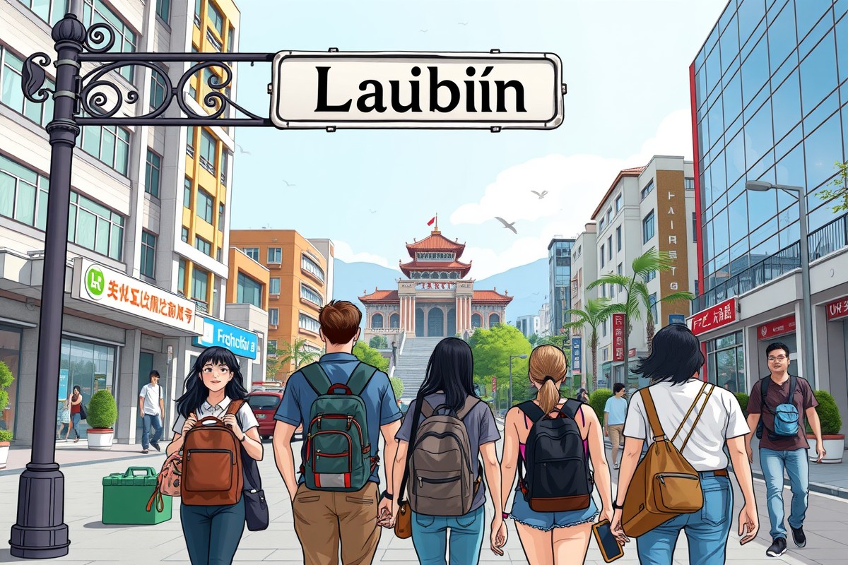 Foreigners walking in Laibin's city center near the Guijiang River.