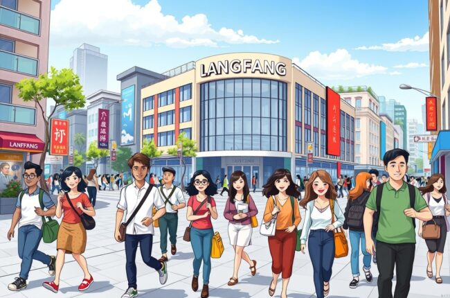 Foreigners walking in Langfang near a local landmark, promoting WeChat groups for jobs and housing.