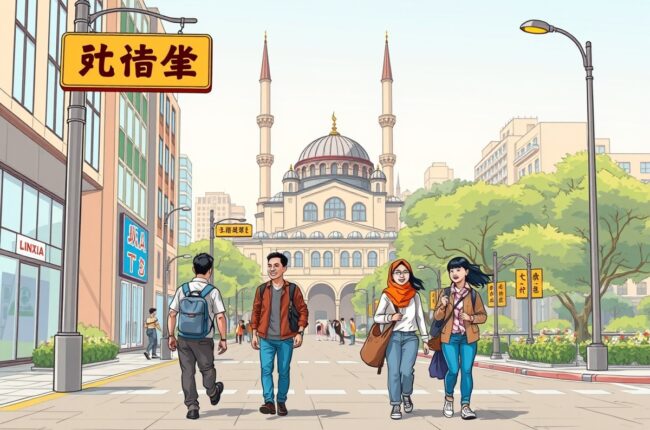 Foreigners walking near Linxia landmark for WeChat groups