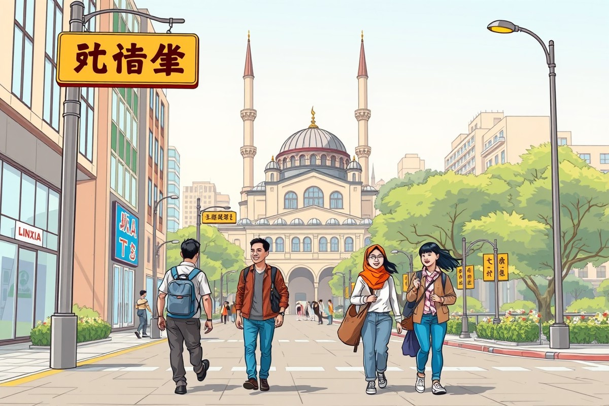 Foreigners walking near Linxia landmark for WeChat groups