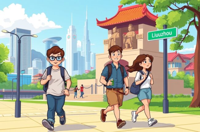 Foreigners walking near Liu River landmark in Liuzhou for WeChat groups