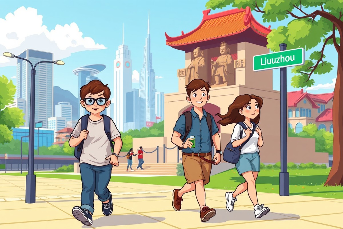 Foreigners walking near Liu River landmark in Liuzhou for WeChat groups
