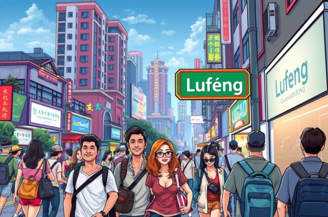 Foreigners walking in Lufeng 陆丰市, Guangdong 广东, near a local landmark.