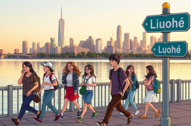 Foreigners walking near the Luohe Riverside Park in Luohe, Henan.