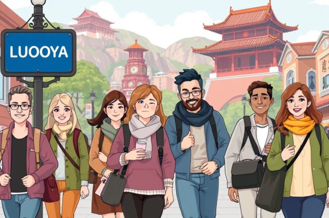 Foreigners walking near Longmen Grottoes landmark in Luoyang for WeChat groups