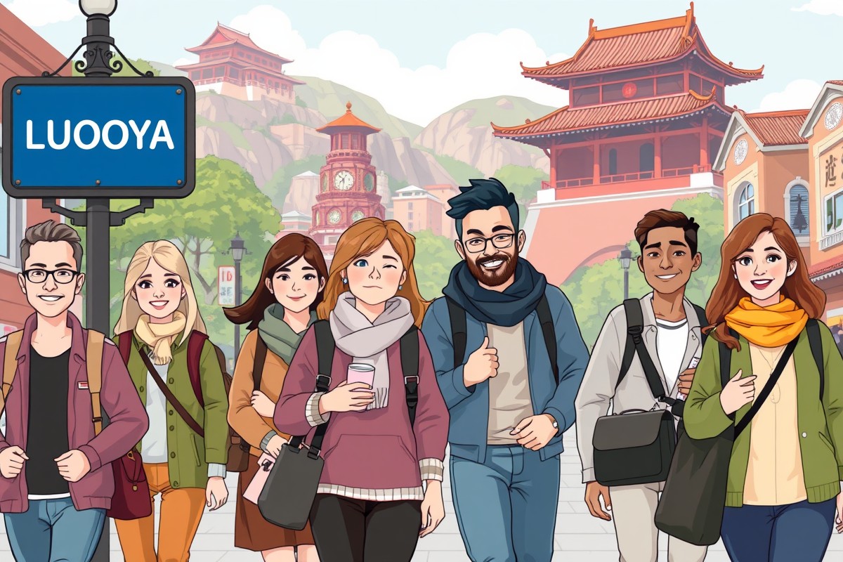 Foreigners walking near Longmen Grottoes landmark in Luoyang for WeChat groups