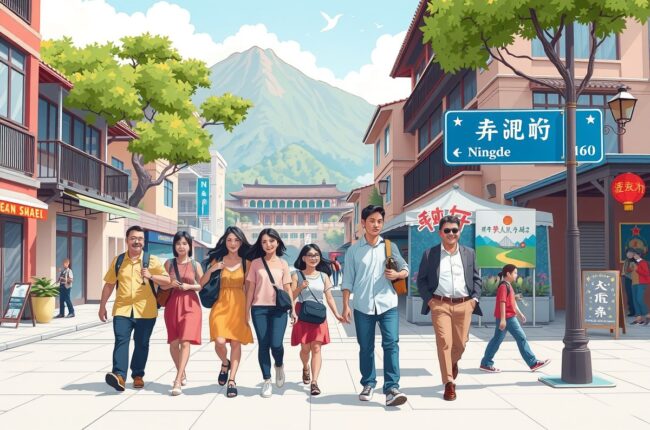 Foreigners walking in the city of Ningde, Fujian, near a landmark.