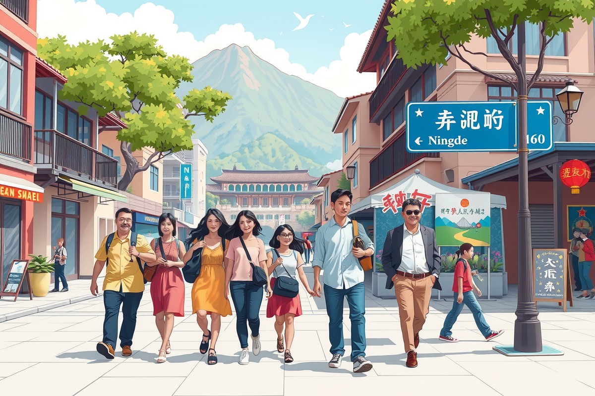 Foreigners walking in the city of Ningde, Fujian, near a landmark.