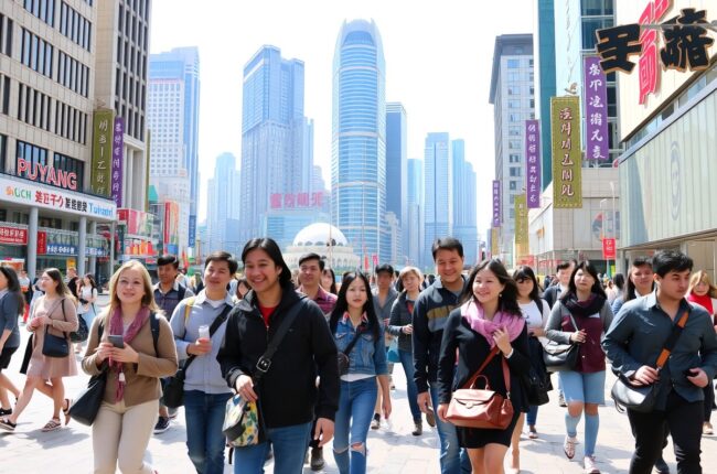Foreigners walking in Puyang city center