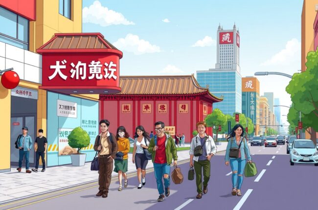 Foreigners walking in Qingyang 庆阳市 near a local landmark for WeChat groups.